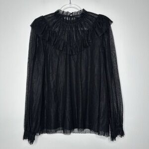 Current Air Lace Ruffle Neck Blouse Top Size L Black Balloon Sleeve Sheer